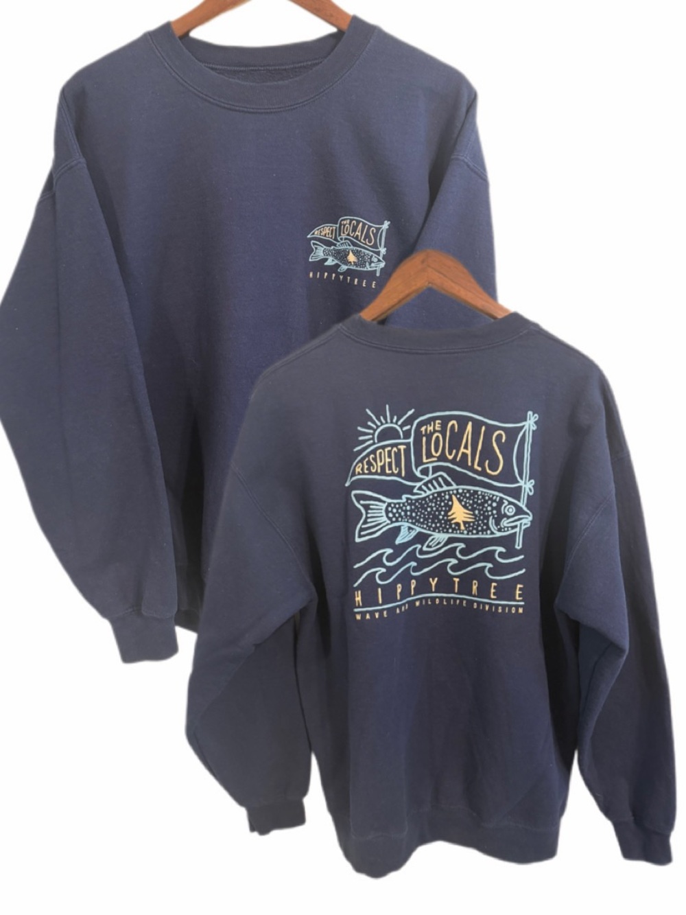 HippyTree Respect The Locals Navy Crewneck Sweatshirt Fish Graphic Size Large